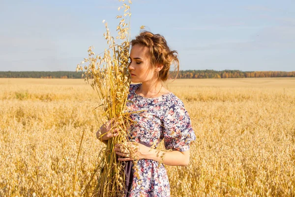 Girl Stands Field Ears Hands — Stock Photo, Image