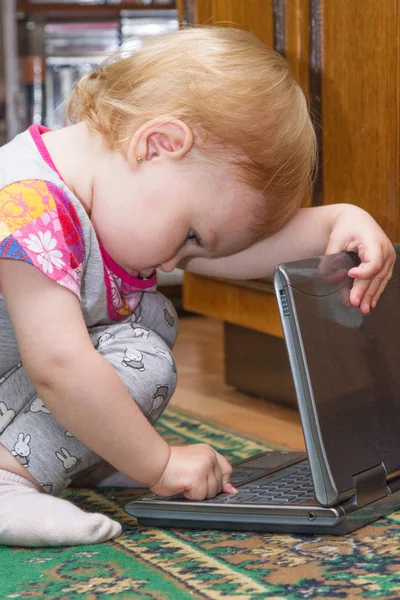 Küçük Çocuk Dizüstü Bilgisayar Açmaya Çalışıyor — Stok fotoğraf