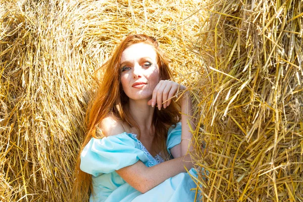 Red Haired Girl Evening Dress Sits Bale Straw — Stock Photo, Image