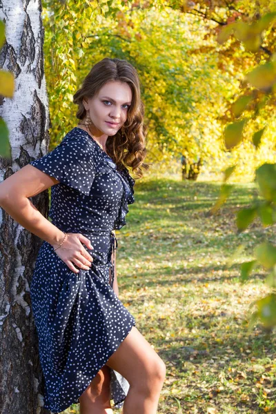 Mädchen Langen Kleid Spaziert Durch Den Herbstpark — Stockfoto