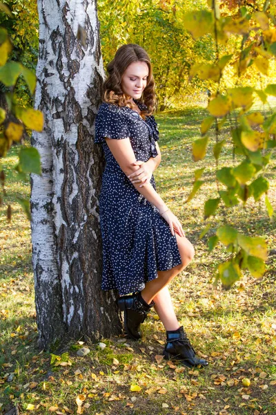 Mädchen Langen Kleid Spaziert Durch Den Herbstpark — Stockfoto