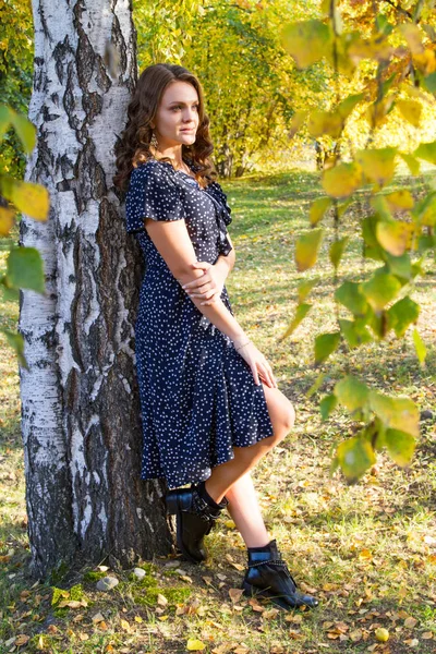 Girl Long Dress Walks Autumn Park — Stock Photo, Image