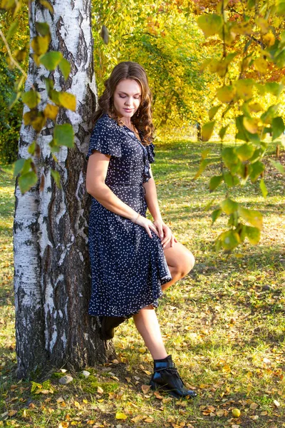 Mädchen Langen Kleid Spaziert Durch Den Herbstpark — Stockfoto