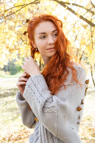 Ragazza Dai Capelli Rossi Con Trecce Posa Nel Parco Autunnale — Foto Stock