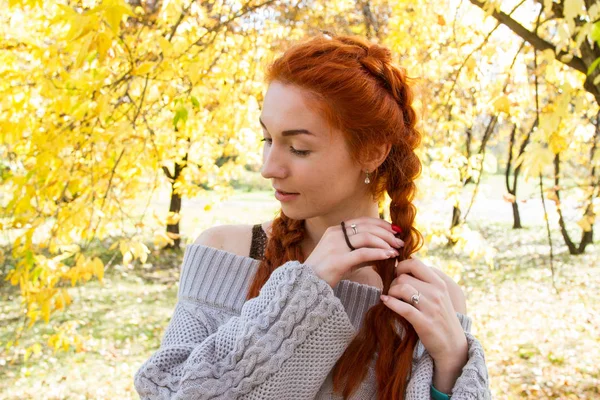Rothaarige Mädchen Mit Zöpfen Posieren Herbst Park — Stockfoto