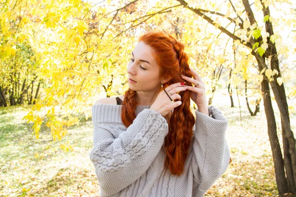 Rothaarige Mädchen Mit Zöpfen Posieren Herbst Park — Stockfoto