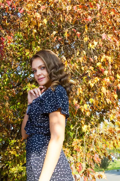 Chica Con Maquillaje Brillante Posando Sobre Fondo Hojas Amarillas Otoño — Foto de Stock