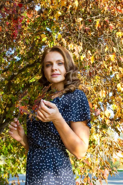 Chica Con Maquillaje Brillante Posando Sobre Fondo Hojas Amarillas Otoño — Foto de Stock