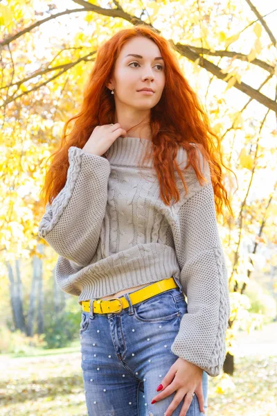 Girl Red Hair Posing Background Yellow Autumn Leaves Park — Stock Photo, Image