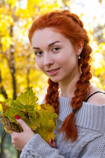 Girl Red Hair Posing Background Yellow Autumn Leaves Park — Stock Photo, Image