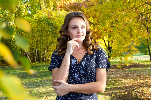 Girl Long Dress Posing Background Yellow Autumn Leaves Park — Stock Photo, Image