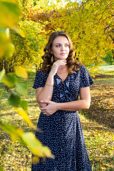 Chica Vestido Largo Posando Sobre Fondo Hojas Amarillas Otoño Parque — Foto de Stock