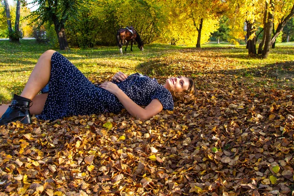 Девушка Парке Лежит Желтых Осенних Листьях — стоковое фото