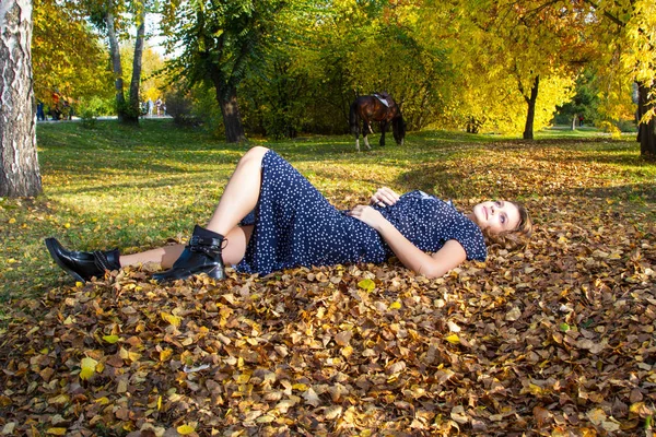 Lány Parkban Fekszik Sárga Őszi Leveleken — Stock Fotó
