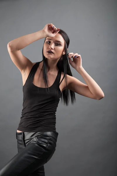 Girl Leather Pants Aggressive Makeup Studio Portrait — Stock Photo, Image