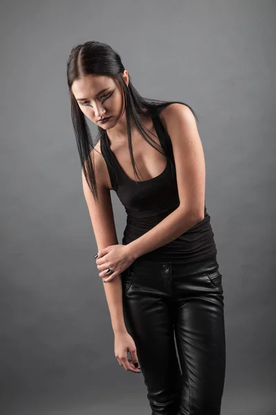 Girl Leather Pants Aggressive Makeup Studio Portrait — Stock Photo, Image