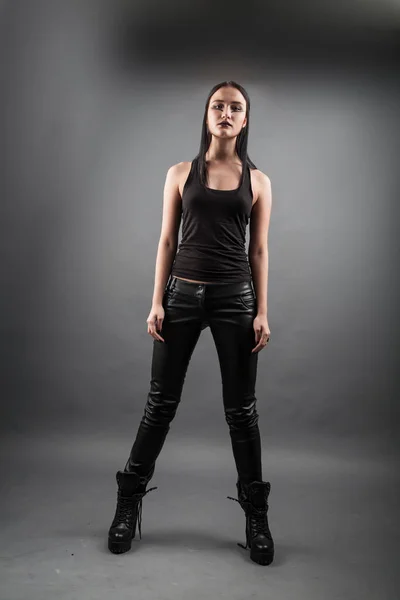 Girl Leather Pants Aggressive Makeup Studio Portrait — Stock Photo, Image