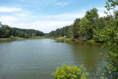 Orman gölünde sıcaktan kaçan insanlar.