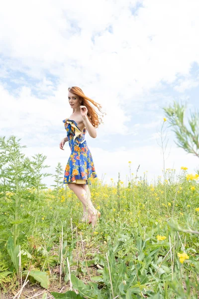 Jeune Fille Rousse Dans Champ Parmi Les Fleurs Sauvages — Photo