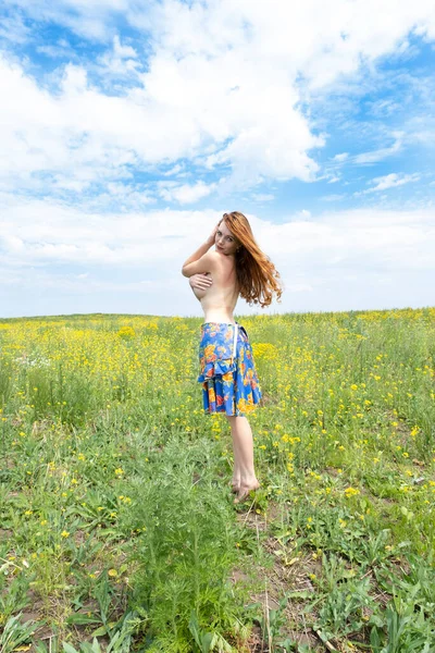 Červenovlasá Mladá Dívka Poli Mezi Divokými Květy — Stock fotografie