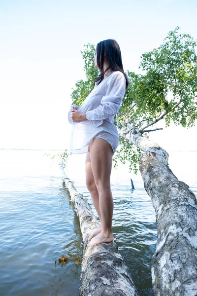 Young Girl White Wet Shirt Stands Birch Tree Fallen Water — Stock Photo, Image