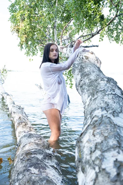 Young Girl White Wet Shirt Stands Birch Tree Fallen Water — Stock Photo, Image