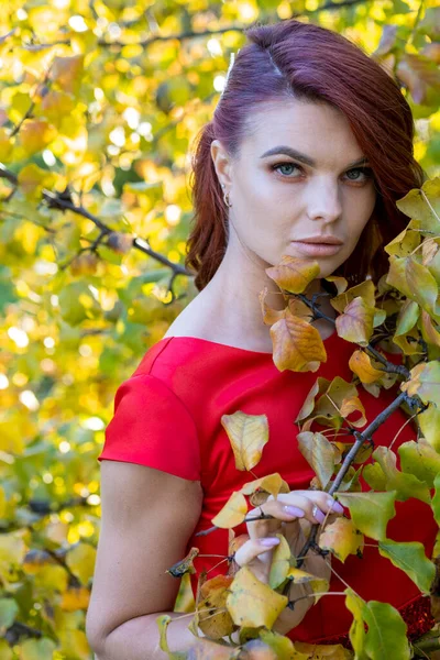 Young Bright Makeup Posing Autumn Garden — Stock Photo, Image