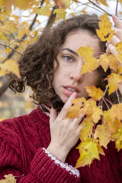 Dziewczyna Ciepłym Swetrze Jesiennym Lesie — Zdjęcie stockowe