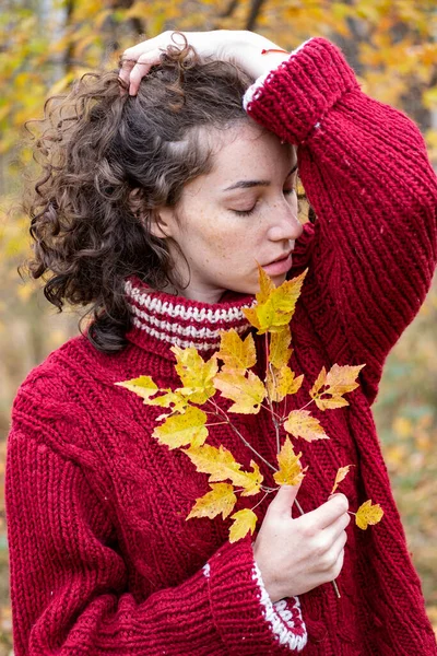 Mädchen Warmen Pullover Herbstlichen Wald — Stockfoto