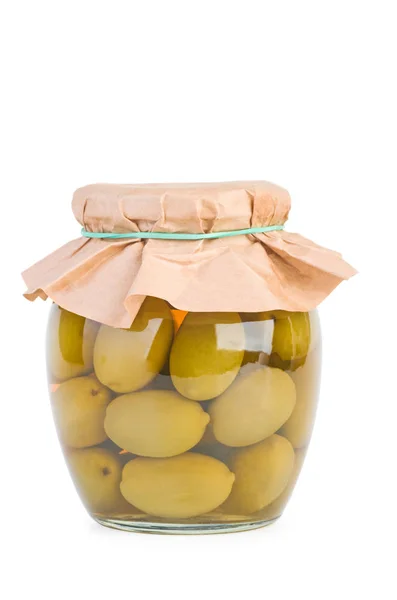 Vaso Vetro Con Olive Verdi Isolate Sullo Sfondo Bianco — Foto Stock