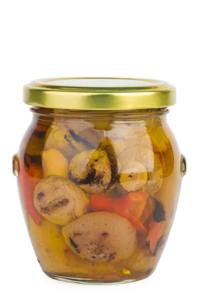 Glazen Pot Met Geroosterde Groenten Olie Geïsoleerd Witte Achtergrond — Stockfoto