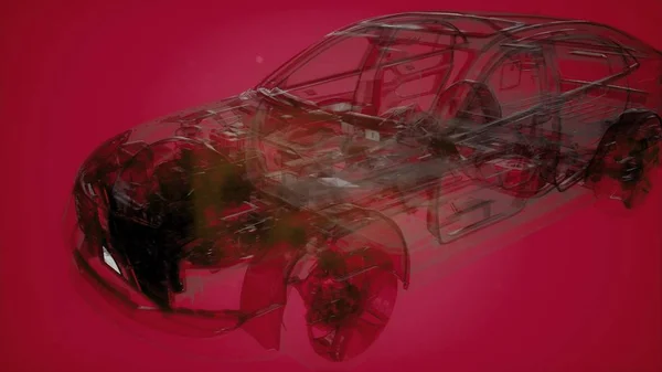 Holographic animation of 3D wireframe car model with engine and otter technical parts