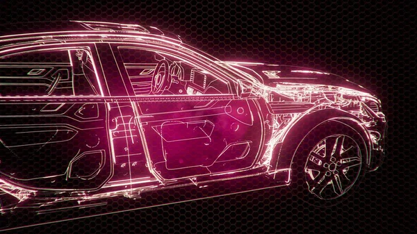 Holographic animation of 3D wireframe car model with engine and otter technical parts