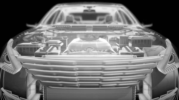 Holographic animation of 3D wireframe car model with engine and otter technical parts