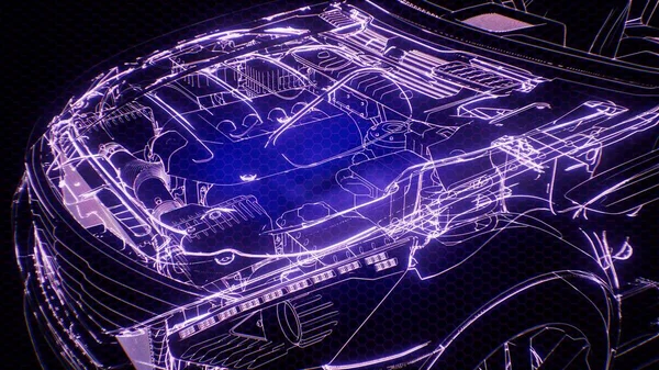 Holographic animation of 3D wireframe car model with engine and otter technical parts