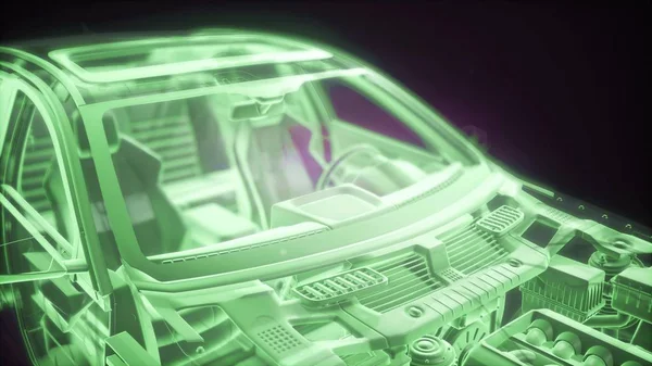 Holographic animation of 3D wireframe car model with engine and otter technical parts