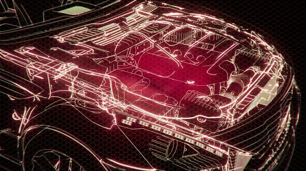 Holographic animation of 3D wireframe car model with engine