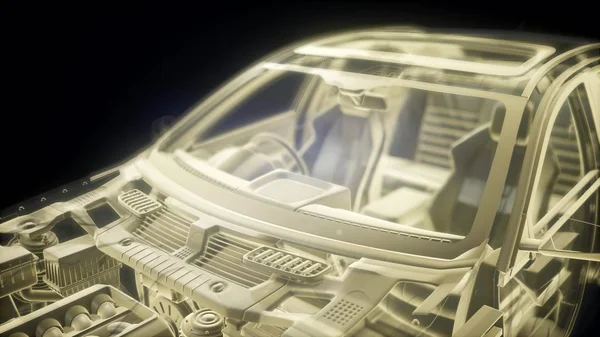 Holographic animation of 3D wireframe car model with engine