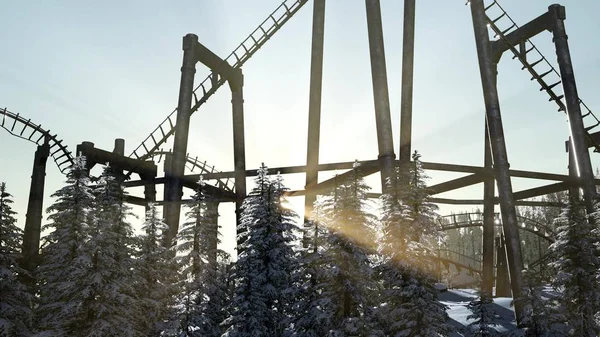 old roller coaster at sunset in forest