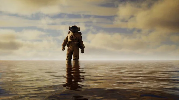 Spaceman in the sea under clouds at sunset