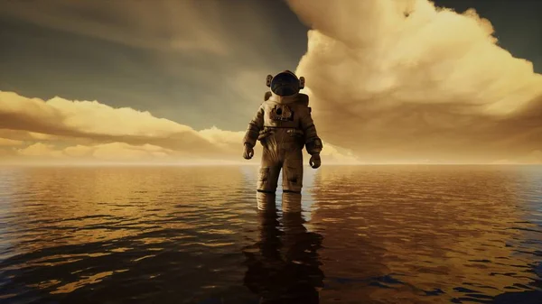 Spaceman in the sea under clouds at sunset