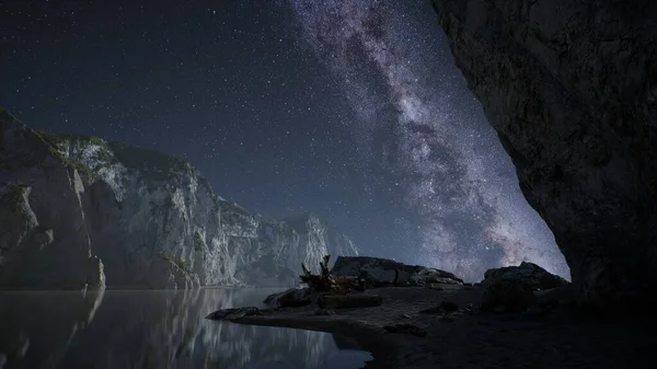 hyperlapse of night starry sky with mountain and ocean beach in Lofoten Norway