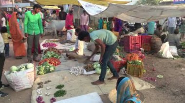 Mocha, Kanha, Madhya Pradesh, Hindistan - 25 Kasım 2015: Gayri resmi Hint sokak satıcıları açık pazarda taze ürün satıyorlar