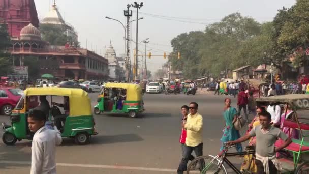 デリー インド 2015年11月20日 旧デリーの混雑した騒々しい通りには 毎日の活動で忙しい車や人々が詰め込まれています — ストック動画