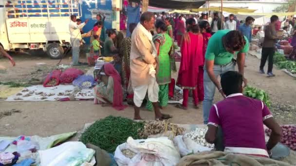 カンハ マディヤ プラデーシュ州 インド 2015年11月25日 インドのインフォーマル ストリート ベンダーがオープン市場で生鮮食品を販売 — ストック動画