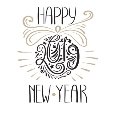 Vektör 2019 yeni yıl tebrik kartı köknar ağacı topu ve neşeli Noel selamlar. Elle çizilmiş doodle stili