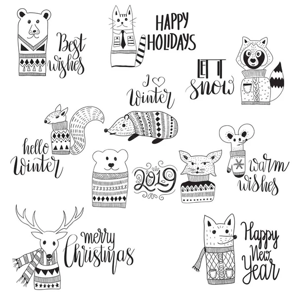 Vector Animaux Drôles Esprit Noël Vacances Hiver Salutations Lettres Noël — Image vectorielle