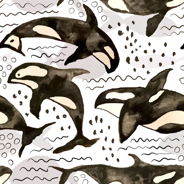 Patrón sin costura vectorial con orcas de acuarela — Vector de stock