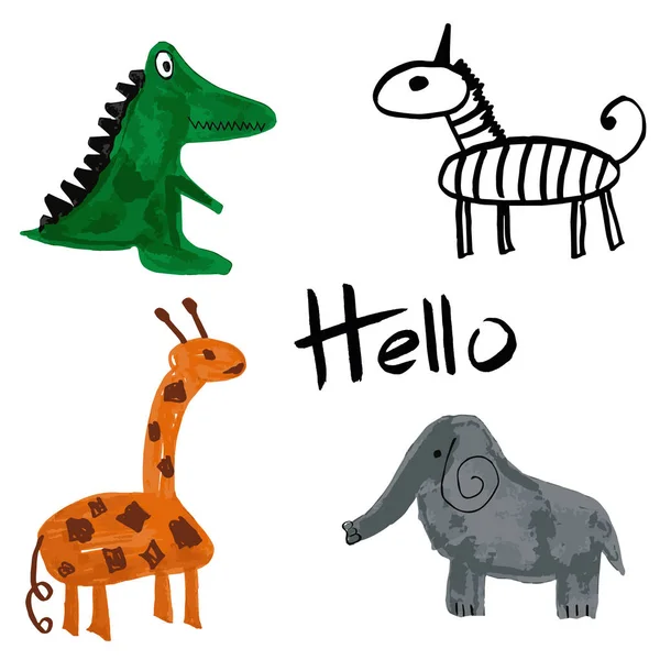 Vektor Kreslené Afrických Zvířat Hello Lettering Elephant Krokodýl Žirafa Zebra — Stockový vektor