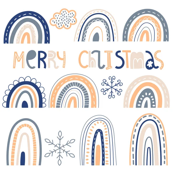 Modèle Noël Vectoriel Avec Arc Ciel Flocons Neige Style Scandinave — Image vectorielle